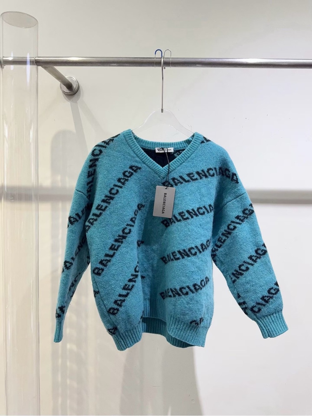 Balenciaga Women's V-Neck Logo Knit Sweater in Turquoise and Black